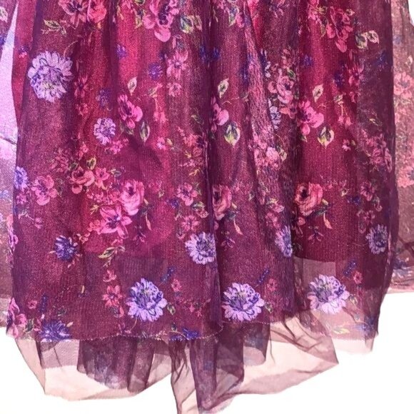 Floral Burgundy Girls Dress With Mesh Overlay & Ruffled Accents By Zenzie Size S - Picture 6 of 9